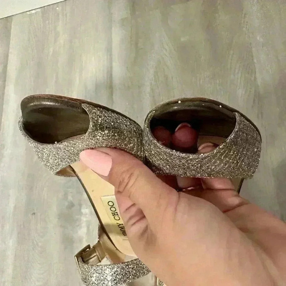 Jimmy Choo Gold Coarse Glitter Peep Toe Ankle Strap Sandals Size 35 1/2 - Picture 6 of 16